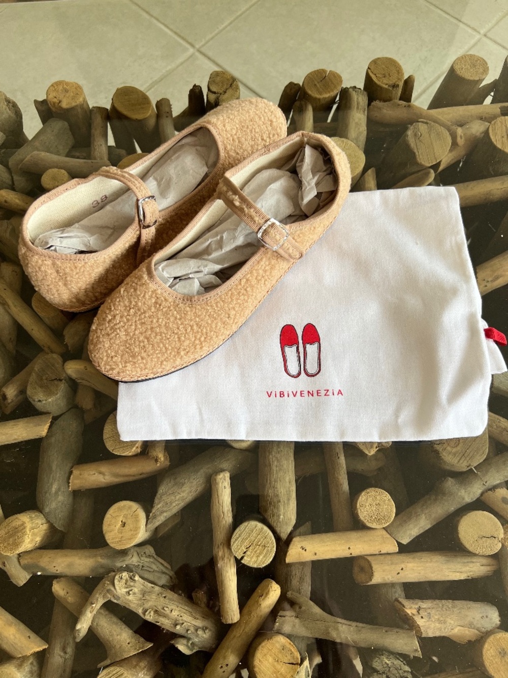 VIBI VENEZIA Faux-Fur Mary Jane Bouclé Flat Shoes